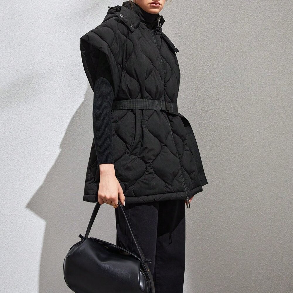 Black Casual Women's Zip Up Belted Vest Puffer Coat - Picture 4 of 7